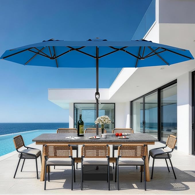 AreShark 15FT Outdoor Patio Umbrella with Crank, Large Rectangular Market Umbrella, Double-Sided Outdoor Umbrellas with Cross Base & Sandbag for Porch, Lawn, Pool, Backyard, Royal Blue