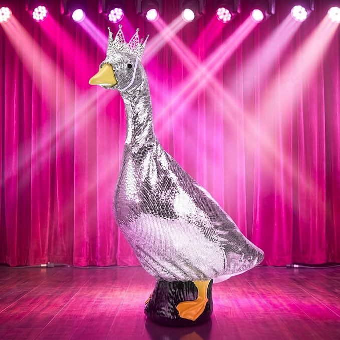 Silver Sequin Porch Goose Outfit with Crown for 23 Inch Lawn Geese, Sparkly Princess Porch Goose Dress Clothes for Party, Birthday, New Year, Patio Yard Garden Decor