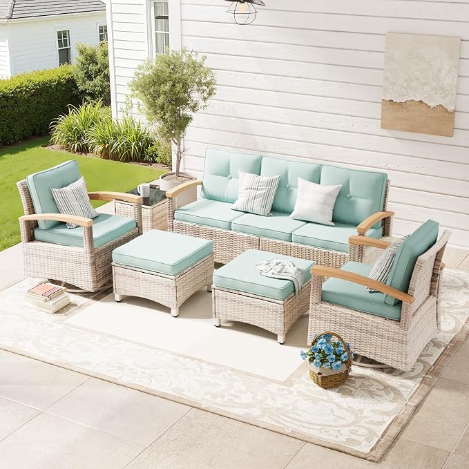 MEISSALIVVE 6 Pieces Patio Furniture Sets,Wicker Patio Conversation Sets with 2 Wood Armrests Swivel Glide Chairs, 2 Ottomans for Deck Yard and Poolside (Blue)