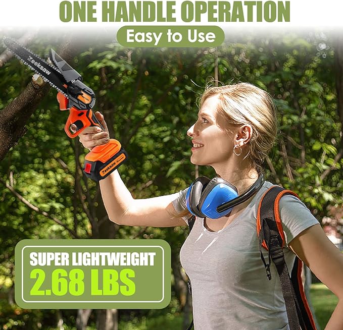 ZEEKSAW Mini Chainsaw 6 Inch Cordless, Super Handheld Chainsaw with 2x Big Batteries, Electric Mini Chain saw Battery Powered, Small Hand saws for Tree Wood - Garden Yard Time Saving Tool