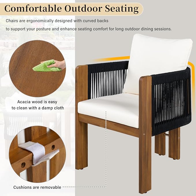 5-Piece Acacia Wood Outdoor Dining Set for 4 – Farmhouse Patio Furniture with Rope Woven Chairs & Cushions – Adjustable Legs for Uneven Surfaces (Black,Brown16)