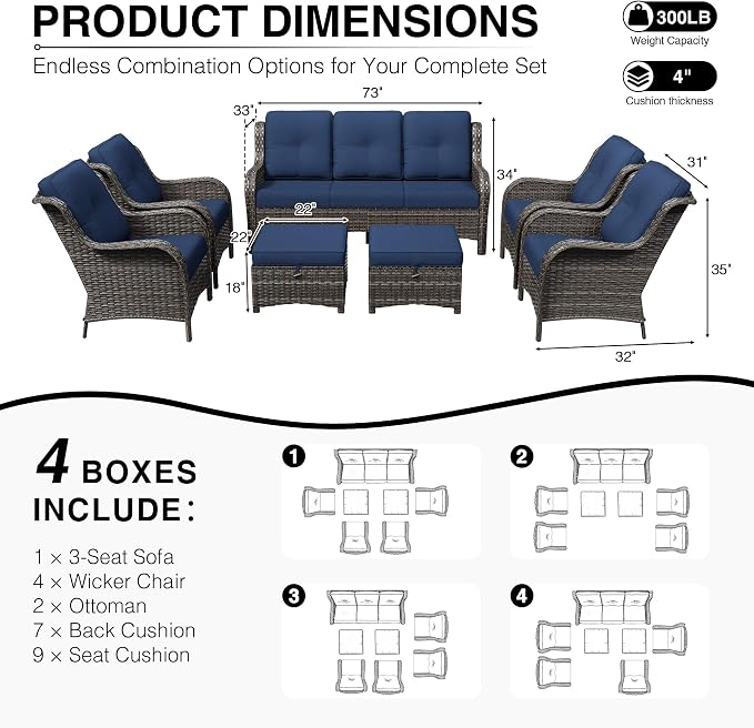 Joyside 7 Piece Wicker Patio Furniture Set, Rattan Patio Chairs with High Back, Deep Seating, Wide Armrest, Thickened Cushions, Outdoor Furniture for Deck, Porch Use