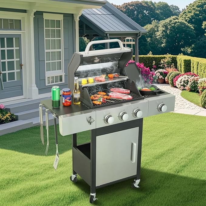 3-Burner Propane Gas BBQ Grill with Side Burner & Porcelain-Enameled Cast Iron Grates, 37230 BTU Output Stainless Steel Grill for Cooking Kitchen Patio Backyard Barbecue