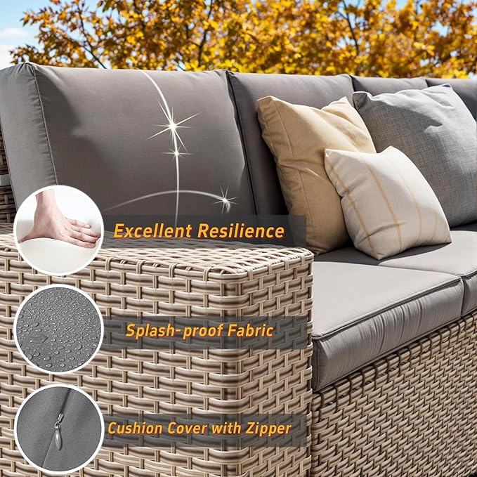 13 Pieces Patio Furniture Set with Fire Pit Table, Outdoor Sectional Wicker Sofa with Thickened Cushions and Coffee Table, High Back Rattan Patio Conversation Sets, Grey
