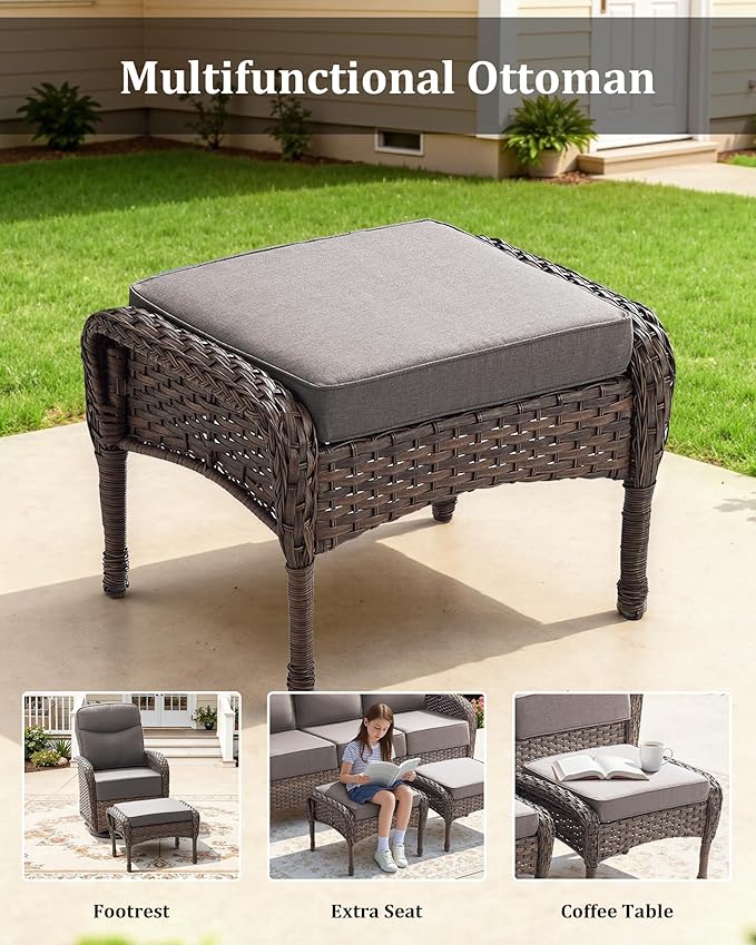 3-Piece Luxury Patio Furniture Sofa Set with 6-Inch Thick Cushions– Outdoor Wicker Conversation Set with Covered Couch, Multifunctional Ottoman & All-Weather Seating for Backyard, Porch, Garden Gray