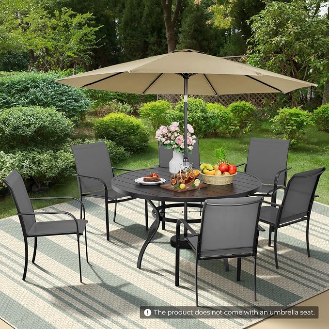 Incbruce 8 PCS Patio Dining Set with Brown Umbrella, Outdoor Dining Set of 6 Textilene Chairs and 53" Round Table with Umbrella Hole for Backyard, Garden, and Poolside (Grey)