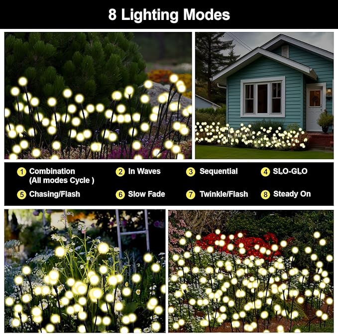 Solar Firefly Lights Outdoor, 8 Modes 800mAh Swaying Flashing Firefly Garden Lights Solar Powered Waterproof for Outside Yard Patio Pathway Lawn Christmas Garden Decor Warm White (8 Pack)