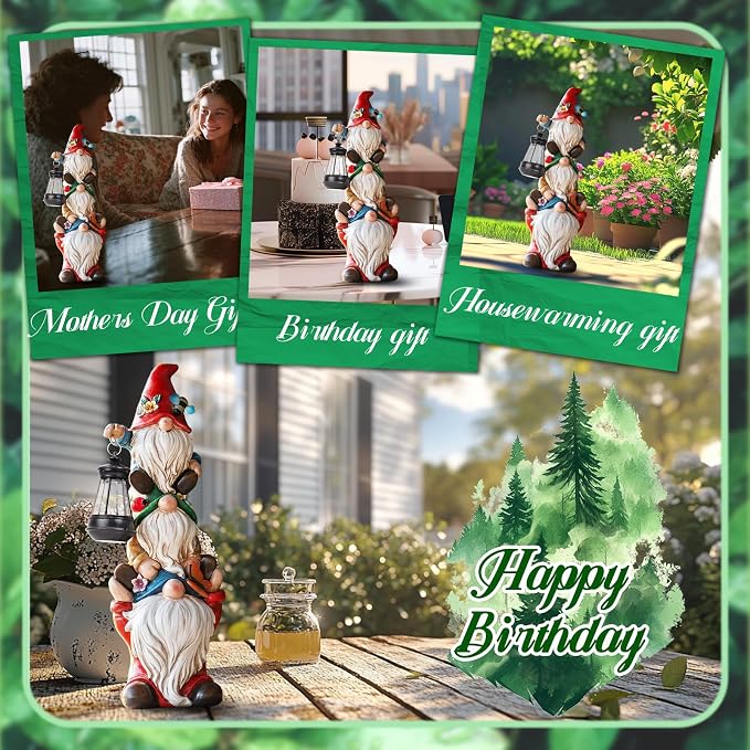 twinbling 12 in Garden Gnome Statue with Solar Lights | Birthday Gift for Mom Woman Grandma Garden Sculptures Funny Triple Gnome Outdoor Patio Lawn Yard Balcony Home Decor