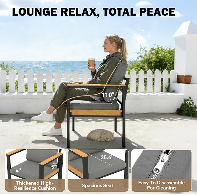 HOMREST Oversized Patio Furniture Set Ottoman with Coffee Table, 2-Piece Aluminum Footstool w/Removable Cushion, Multipurpose Footrest Additional Seating, Set of 2 for Patio Deck (Gray)