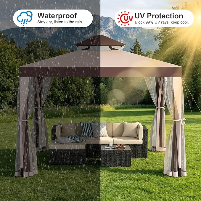 Outdoor Gazebo for Patio, 10×10 Canopy Tent with Mosquito Nettings & Double Roofs, Easy Setup Canopy Shelter for Party, Patio Gazebo for Lawn, Backyard, Garden (Red, 10'x10')