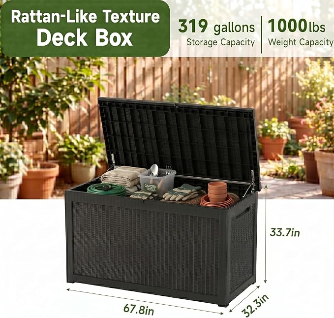 319 Gallon Extra Large Outdoor Storage Box, Waterproof Deck Box with Lockable Lid, Resin Outside Storage Box for Patio Furniture, Pool Accessories, Garden Tools, Storage Bench for Backyard,Porch,Black