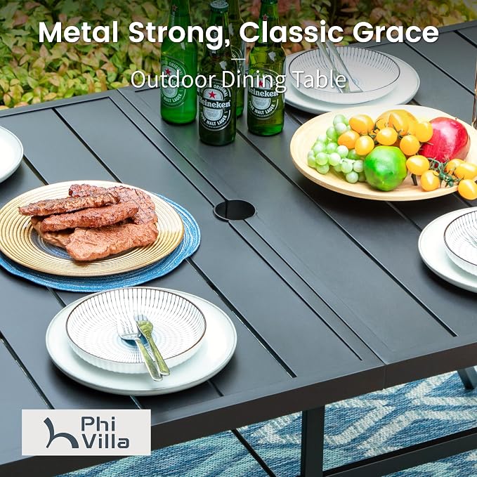 PHI VILLA 7pc Patio Dining Set w/Umbrella, Rectangular Table, Rattan Chairs | Outdoor Dining Set for 6, 60" Metal Table & 6 Cushioned Rattan Chairs with Red Umbrella for Outdoor, Deck, Yard, Porch