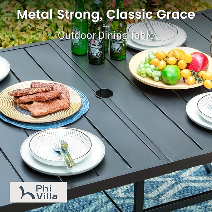 PHI VILLA Outdoor Dining Set for 6, 59" Metal Table & Swivel Chairs | 7 pcs black wrought iron furniture set w/ umbrella hole. All weather for patio, deck, yard, porch