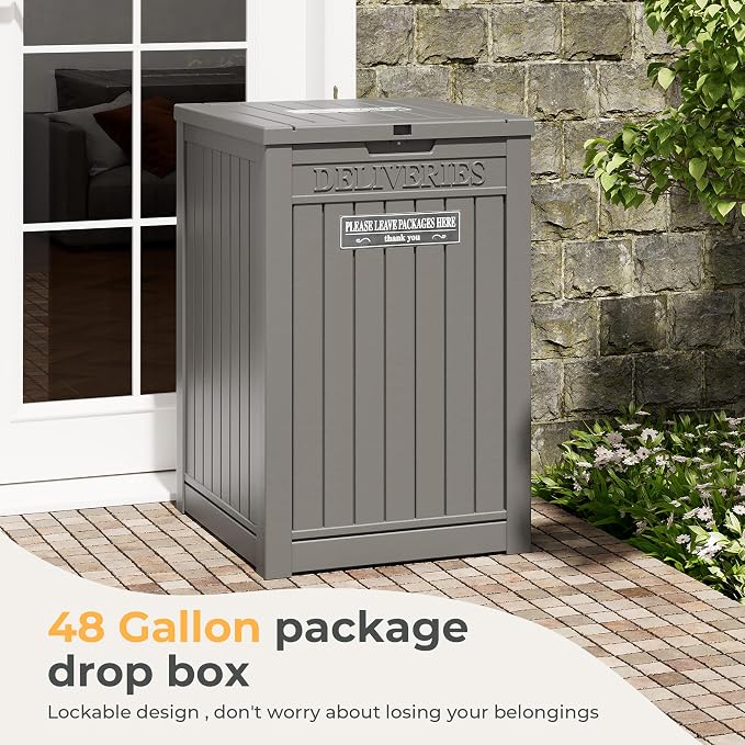 Package Delivery Box for Outside With Sign, Lockable Outdoor Storage Box Waterproof Deck Box, Large Double Wall Resin Parcel Drop Boxes, 48 Gallon, Gray