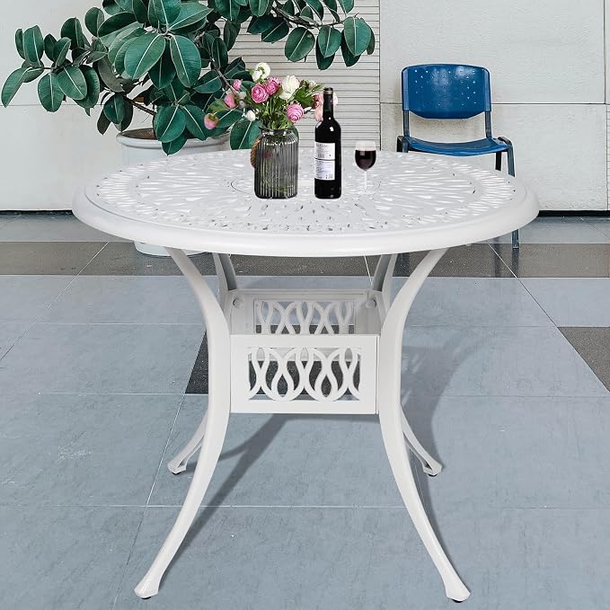 35.4 Inch Outdoor Dining Table Round Patio Table Bronze Cast Aluminum Rustic Large Table with Umbrella Hole, White