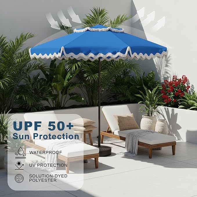 9FT Patio Umbrella with Fringe,Tassel Umbrella with Push-Button Tilt | UPF 50+ & Rust-Resistant Fiberglass Frame for Patio, Pool,Garden,Yard(Royal Blue)