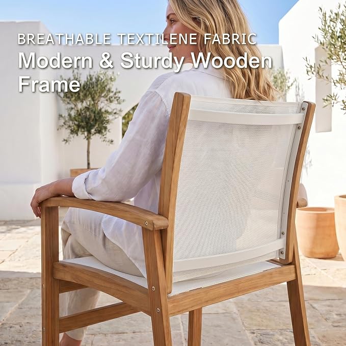 SUNSITT 5-Piece Outdoor Patio Dining Set, 55" - 71" Acacia Wood Expandable Table & 4 Breathable Textilene Mesh Chairs, All-Weather Patio Furniture w/Umbrella Hole for Backyard, Deck, Garden, White