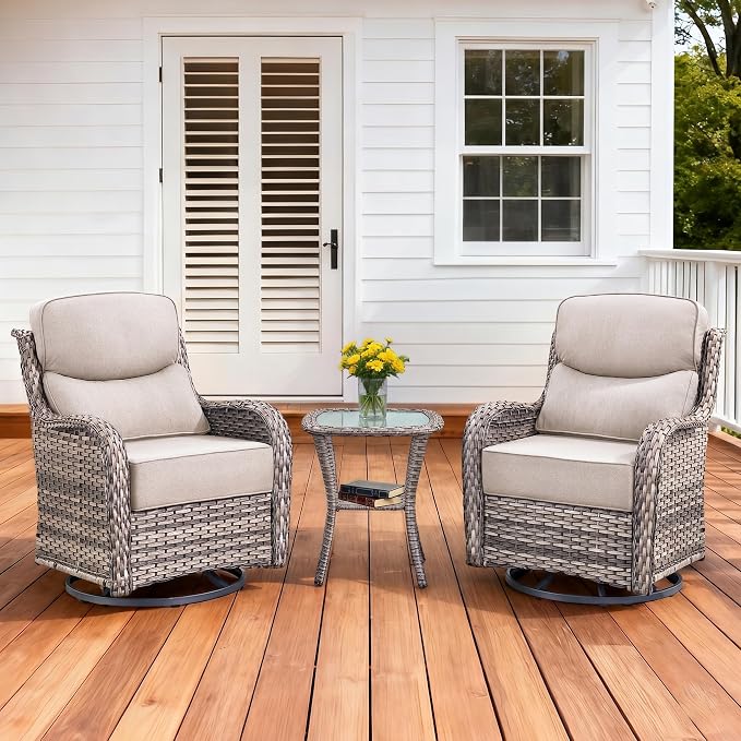 Luxury Outdoor Swivel Rocker Patio Chairs Set of 3, High Back Swivel Patio Chairs with Side Table & 6-Inch Thick Cushions, Wicker Outdoor Bistro Set for Porch, Yard, Deck, Poolside, Grey/Beige