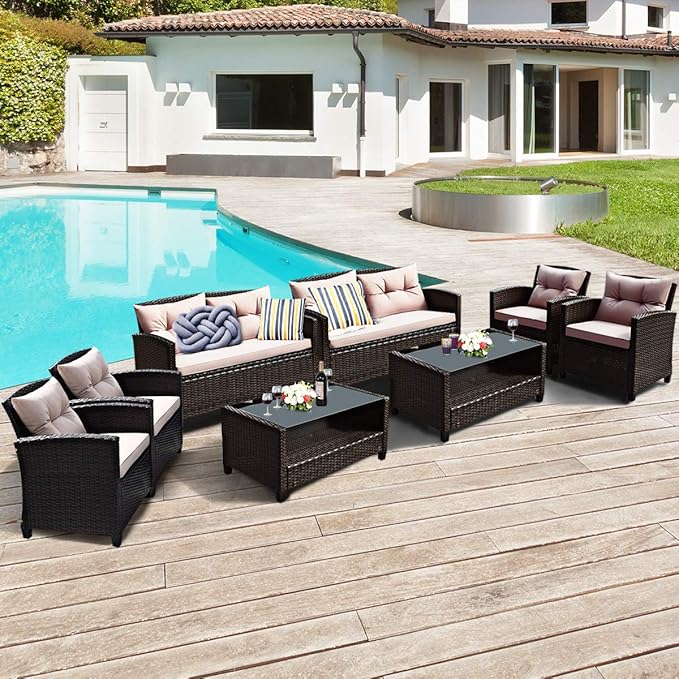 Tangkula 8-Piece Patio Furniture Set, Rattan Wicker Chair Set with 2 Loveseat, 4 Single Sofas, 2 Coffee Table with Tempered Glass Top, Outdoor Furniture Sets for Backyard, Porch, Garden and Poolside