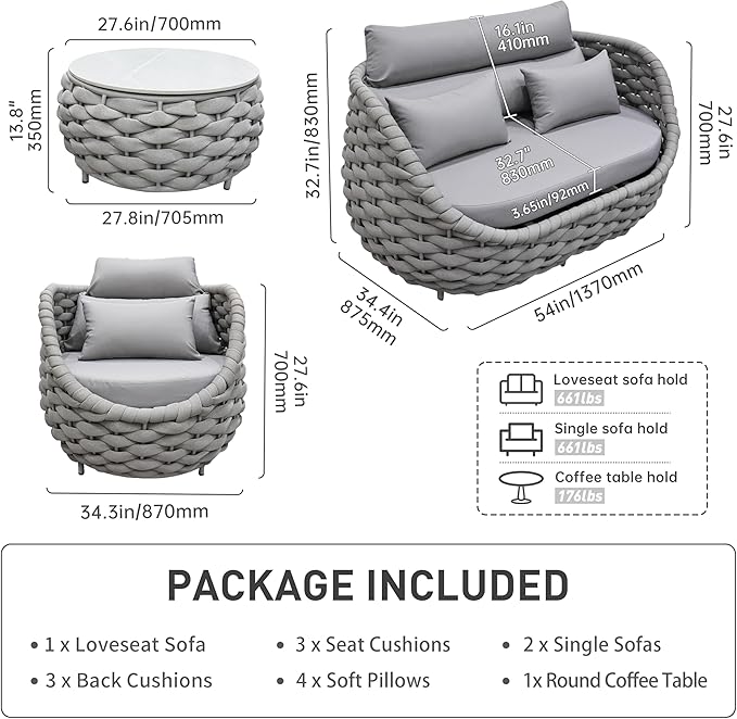 Patio Sofa Set for Outdoor and Indoor Use All-Weather Textilene 4 Pieces Conversation Set, Sectional Sofa and Coffee Table Aluminum Frame Garden Furniture (Gray)