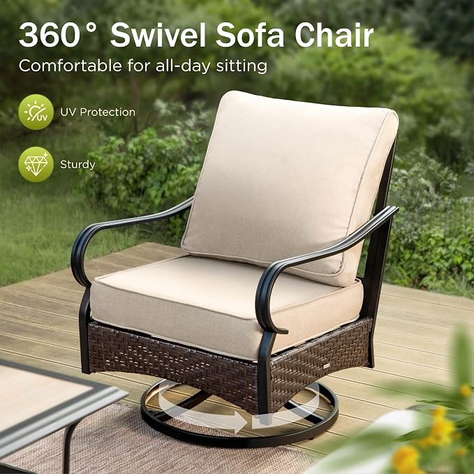 PHI VILLA Outdoor Porch Furniture Set, Upgraded Wicker & Metal Deep Seating Patio Furniture Conversation Set with Waterproof Thick Cushions for Balcony, Yard (4 Pieces,Beige)