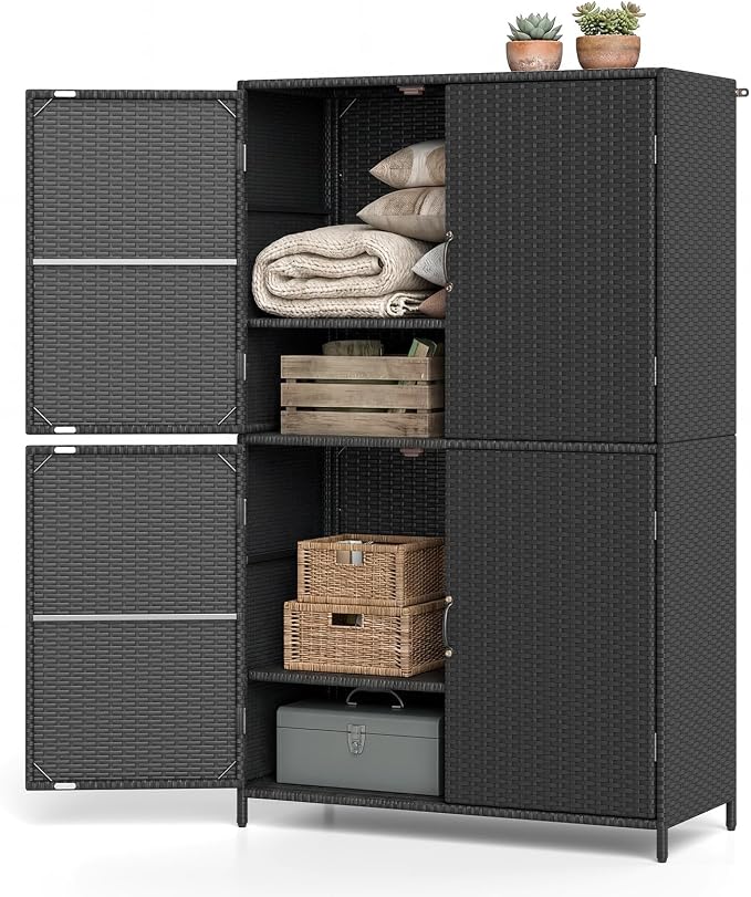 Tangkula Rattan Outdoor Storage Cabinet, Patiojoy Outdoor Cabinet with 2 Adjustable Shelves, 4 Doors, Patio Storage Deck Box Table for Patio Garden Poolside