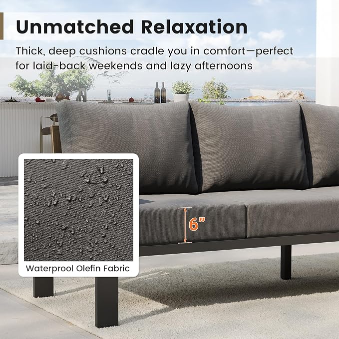 UDPATIO 6 Piece Patio Furniture Set, Metal Outdoor Sectional Sofa with 6" Thick Olefin Cushions, Wide Armrest & Coffee Table, L Shaped Outdoor Furniture for Garden, Backyard Dark Grey