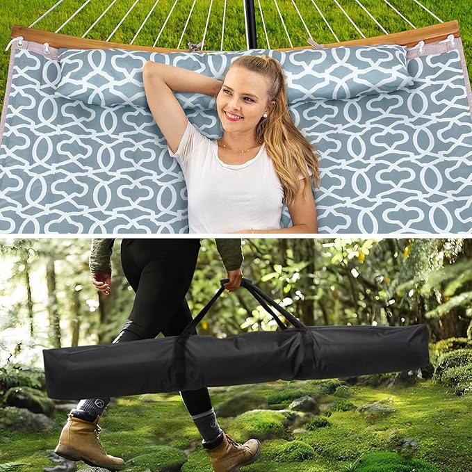 SUNCREAT 2 Person Outdoor Hammock with Curved Spreader Bar, Heavy Duty Stand, 450 lbs Capacity, Extra Large Hammock Carrying Bag