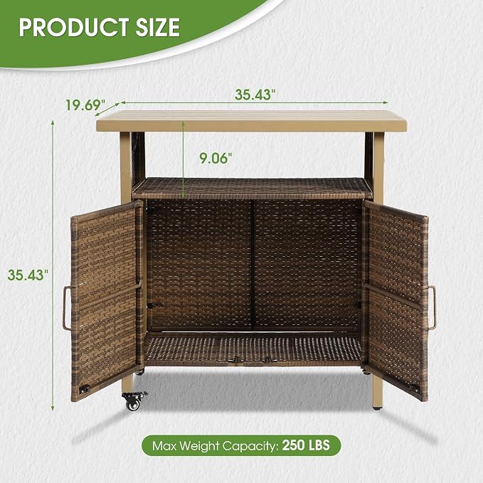 HOMEFUN Outdoor Bar Table with Storage Cabinet Patio Serving Carts on Wheels Wicker Grill Cart Prep Station Rolling Kitchen Island for Outside Backyard and Patio, Brown