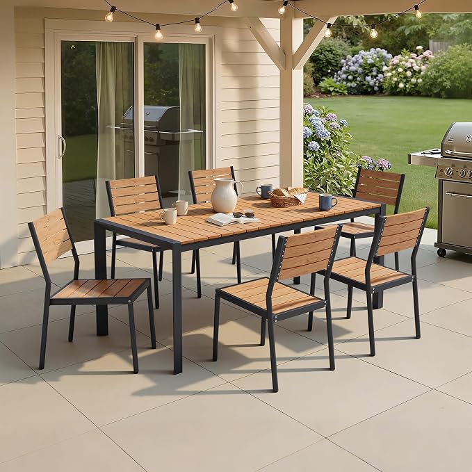 Crestlive Products Stackable Outdoor Dining Chairs Set of 2, All Weather Armless Patio Chairs with Aluminum Frame Woodgrain Seat and Back for Lawn Garden Backyard Deck Porch Yard, Brown