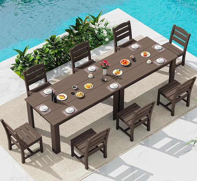 SERWALL 59" Patio Dining Set for 8, HDPE Dining Set, Coffee | Include 2 Rectangular Tables and 8 armless Chairs, All Weather Dining Sets for Garden, Backyard