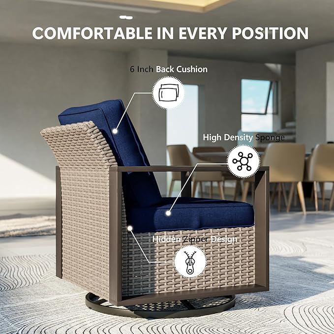 Outdoor Patio Furniture Set, 6 Piece Wicker Patio Conversation with Deep Seating, Thicken Cushions, Outdoor Swivel Rocker Patio Chairs, Metal Outdoor Furniture for Deck, Porch, Yard Use