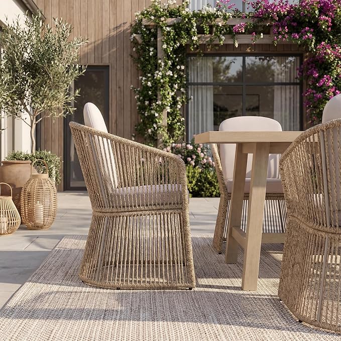 SUNSITT 7 Piece Outdoor Patio Dining Set, Patio Dining Furniture Set with 76” Aluminum Dining Table w/Umbrella Hole and 6 Woven Wicker Outdoor Patio Chairs w/Curved Armrest for Garden, Beige