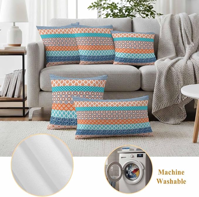 Geometric Bohemia Outdoor Pillow Covers Set of 2 Stripes Orange Turquoise and Blue Waterproof Throw Pillow Cover Decorative Cushion Cases for Patio Porch Garden 20X20 Inch
