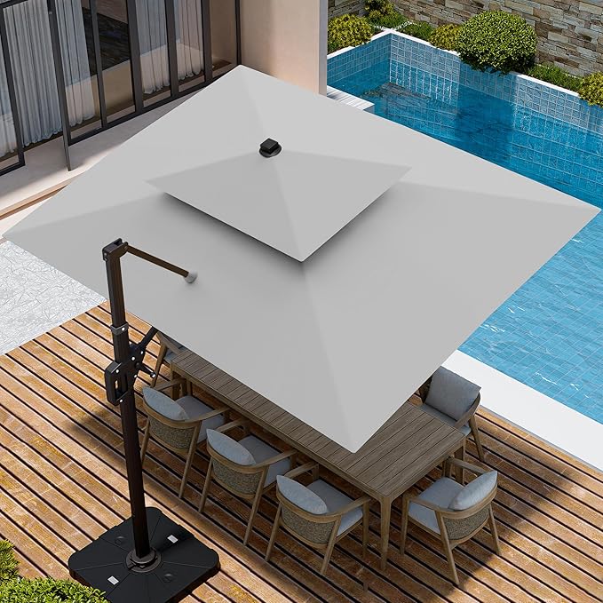 9' X 12' Cantilever Patio Umbrella with Led Lights Double Top Rectangular Outdoor Large Offset Umbrellas with 7 Tilts Adjustable 360°Rotation for Deck Pool Garden Backyard, Fog Grey