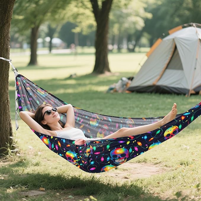 Camping Hammock Outdoor Hammocks for Outside Neon Skulls Beach Trees Portable Lightweight with Pockets Tree Straps Indoor