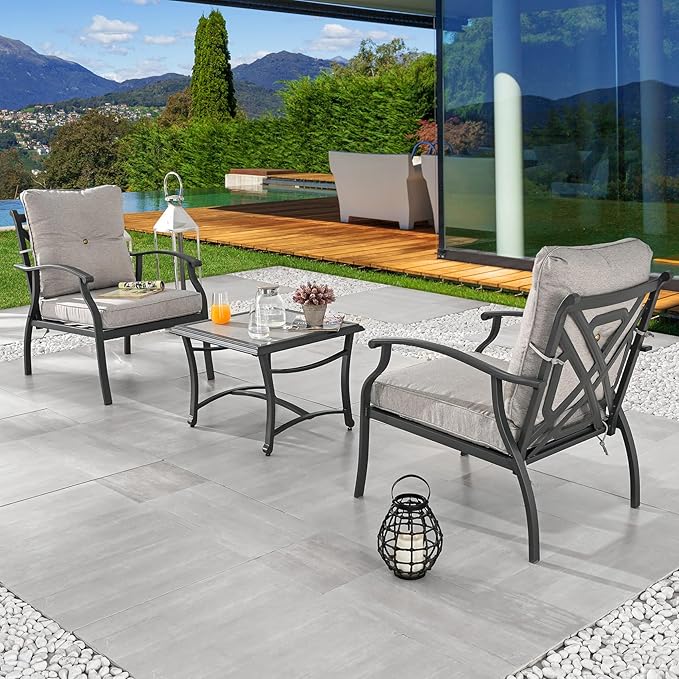 3 Pieces Patio Conversation Set Metal Outdoor Furniture Chairs with Cushion Tile-top Side Table (Grey)