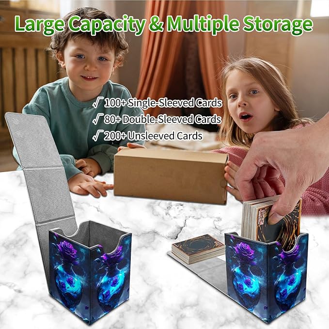 Deck Box for MTG, Cards Storage Box Fits 120+ Sleeved, Leather Medium Size Strong Magnetic Closing Card Case for Board Games Magic TCG CCG Baseball Collection, Purple Rose Vase