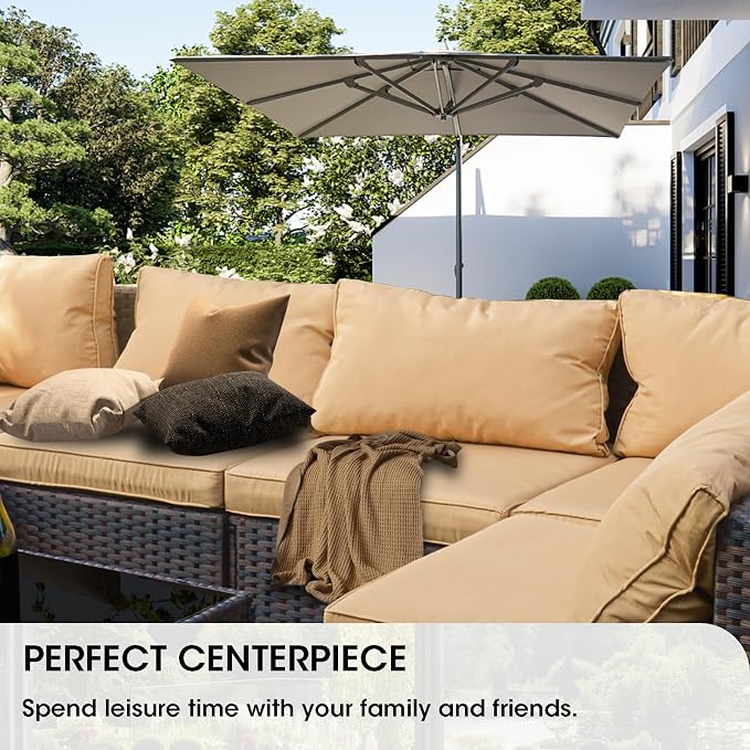 Grezone 9 Piece Patio Furniture Set with 44" Fire Pit Table, Outdoor Sectional Couch, PE Rattan Patio Conversation Sets with 4inch Cushions for Backyard Beige