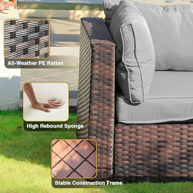 Patio Furniture Set 9 Pieces with 44" Fire Pit Table, Rattan Outdoor Sectional Conversation Sets, All Weather Outdoor Furniture Set with Cushions for Garden Lawn Balcony Porch Deck Grey