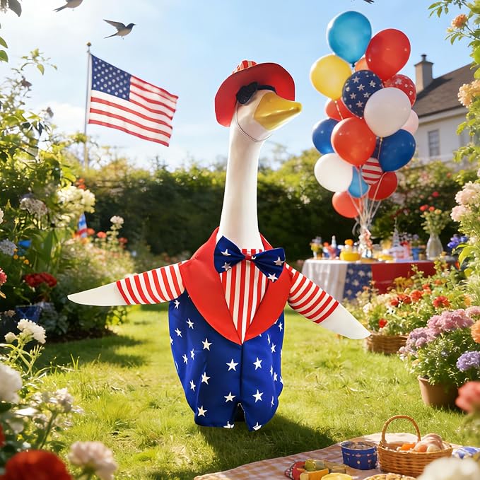 Porch Goose Outfit 4th of July Patriotic Summer Costume – Fits 23 Inch Concrete Cement Goose – Red White Blue Memorial Day Clothes