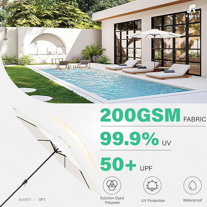 JEAREY 11' Patio Umbrellas Outdoor Table Market Umbrella w/Crank, 8 Sturdy Ribs, UV Protection Windproof for Garden, Deck, Backyard, Pool(Cream White)