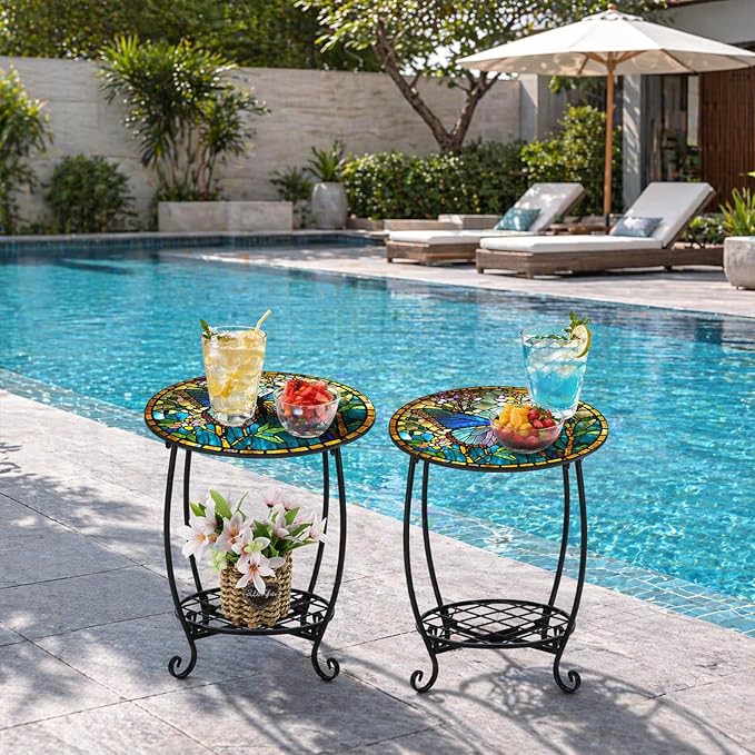 Cinnvoice 2 Pcs Outdoor Side Table Small Patio Round Mosaic Accent End Table Indoor Plant Metal Coffee Tea Tables for Patio Yard Porch Garden Living Room(10" and 12",Butterfly Style)