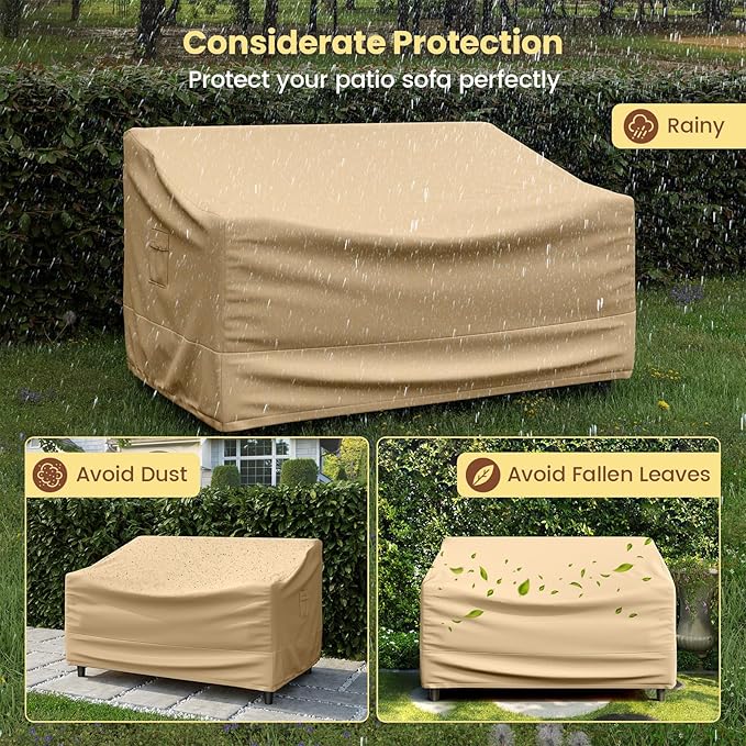 Tangkula Patio Loveseat Cover, 2-Seater Waterproof Outdoor Deep Sofa Cover with Padded Handle & Click-Close Straps, Patio Furniture Cover with Air Vent, Heavy Duty PU Couch Cover, 60"W x 43"H x 30"H