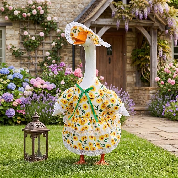 Spring Porch Goose Outfit Sunflower Porch Goose Clothes for 23 Inch Lawn Cement or Plastic Geese Statue Geese Skirt Costume with Hat Dress for Spring Outdoor Patio Garden Holiday Decoration