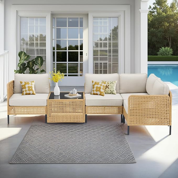 Belord Outdoor Sectional Furniture 5-Piece, All-Weather Wicker Patio Sets with Coffee Table, Modern Patio Furniture for Backyard, Deck