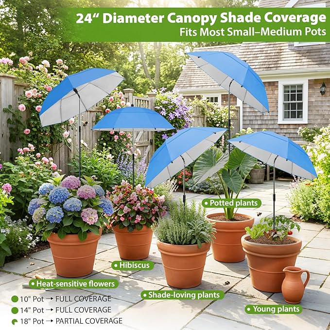 Plant Umbrellas, 5Pack 360°Adjustable Garden Umbrella for Outdoor Plants,24” Large Sun Shade for Garden Beds Potted Plants, 47.8" High Plant Shade Cover Umbrellas for Sun-Sensitive Plants