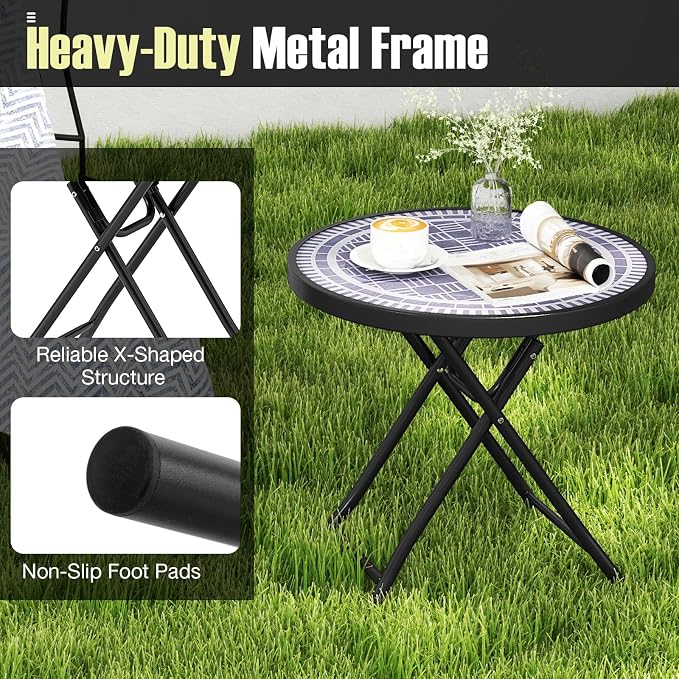 Tangkula Round Folding Side Table, 18 Inch Patio Coffee Table with Tempered Glass Tabletop and Metal Frame, Indoor Outdoor Small Side Table for Yard, Balcony, Porch, Poolside (Grey,1)