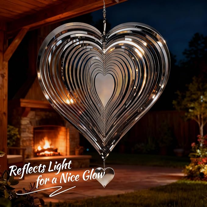Wind Spinner 12-Inch Garden & Yard Decor, Birthday Gift for Mom | Hanging Yard Art, Garden Decoration for Outdoor and Indoor, Birthday Gift for Women, 3D Heart, Stainless Steel, 1 Pack