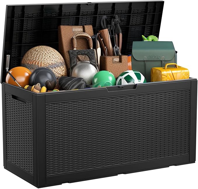 Resin Deck Box, Lockable Patio Outdoor Storage Box for Furniture, Garden Tools and Tools Storage, Waterproof Outside Storage Boxes (Black, 100 Gallon)